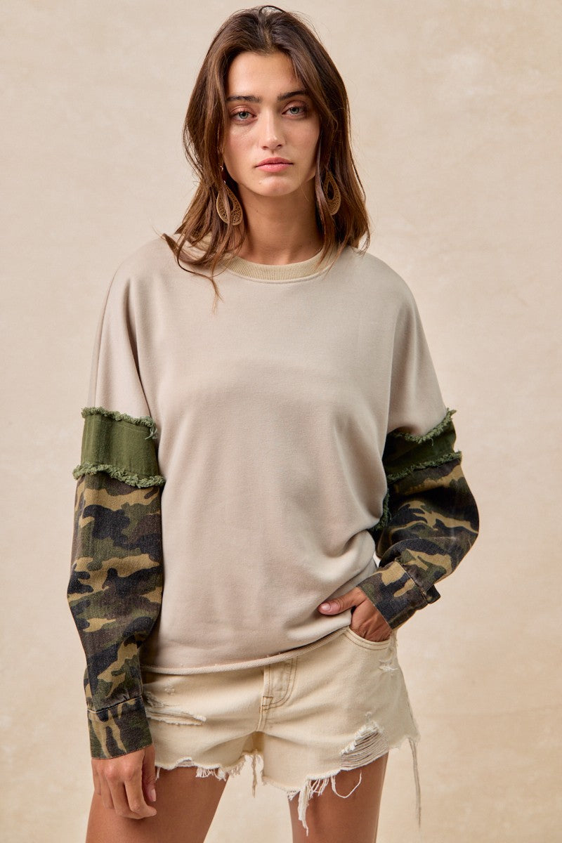 Camo Contrast Sleeve Sweatshirt