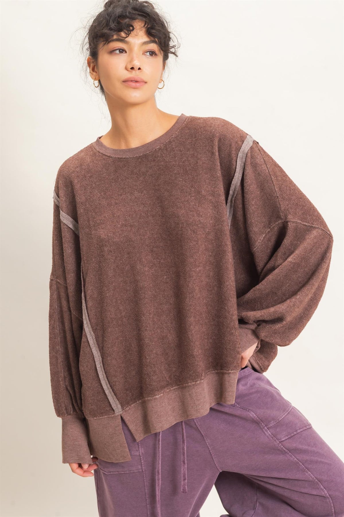 Oversized Raw Edge Crew Neck Sweatshirt