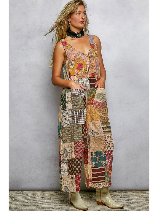 V-Neck Sleeveless Varied Patchwork Dual Patch Pocket Overall