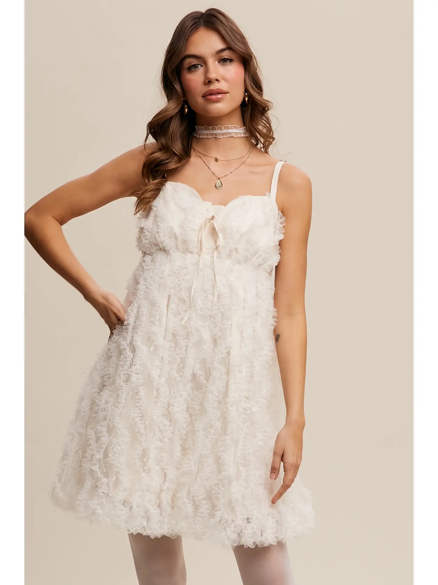 Fluffy Mesh Lace Layered Mini Dress