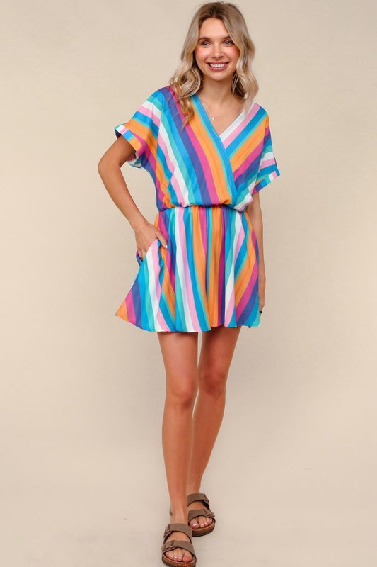 Multicolor Woven Romper W/ Elastic Waist