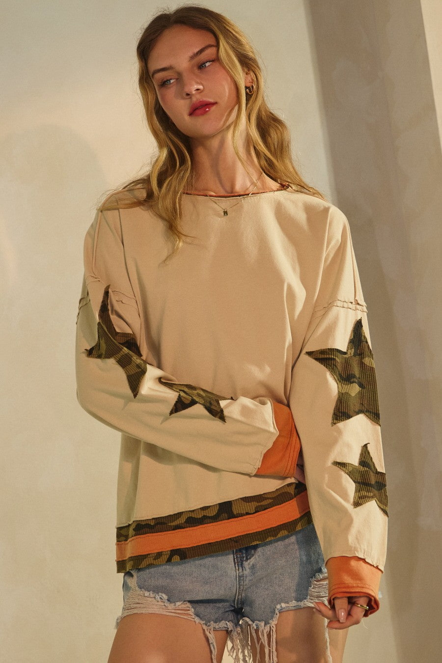 Color-blocked Camo Oversized Top