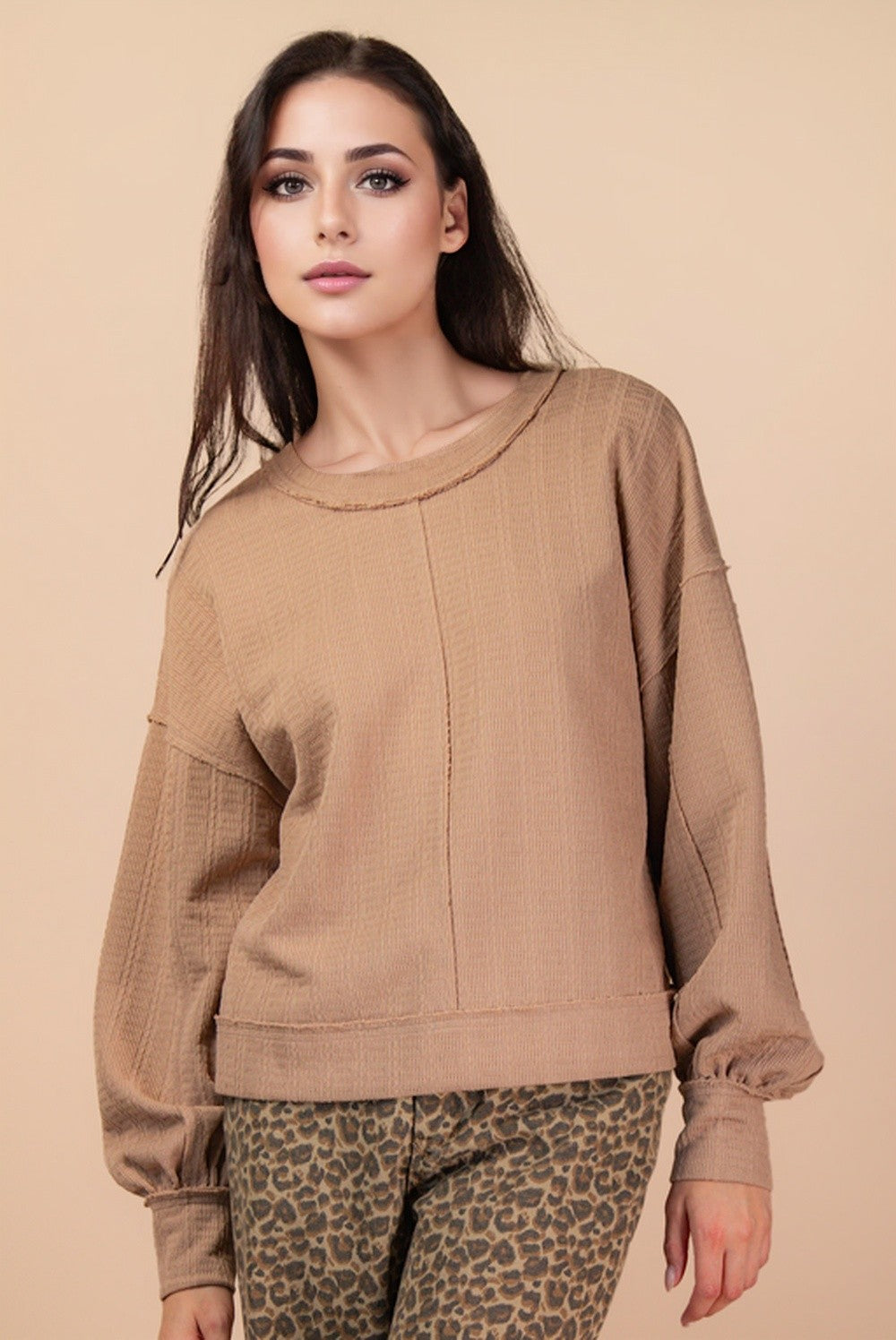 Raw Edge Detail Oversized Textured Knit Top