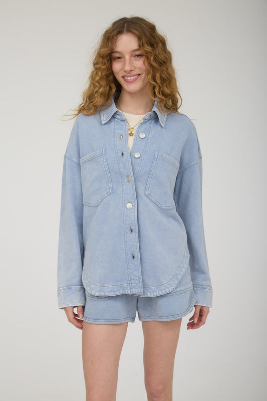 Acid Washed Collared Button Down Knit Shacket