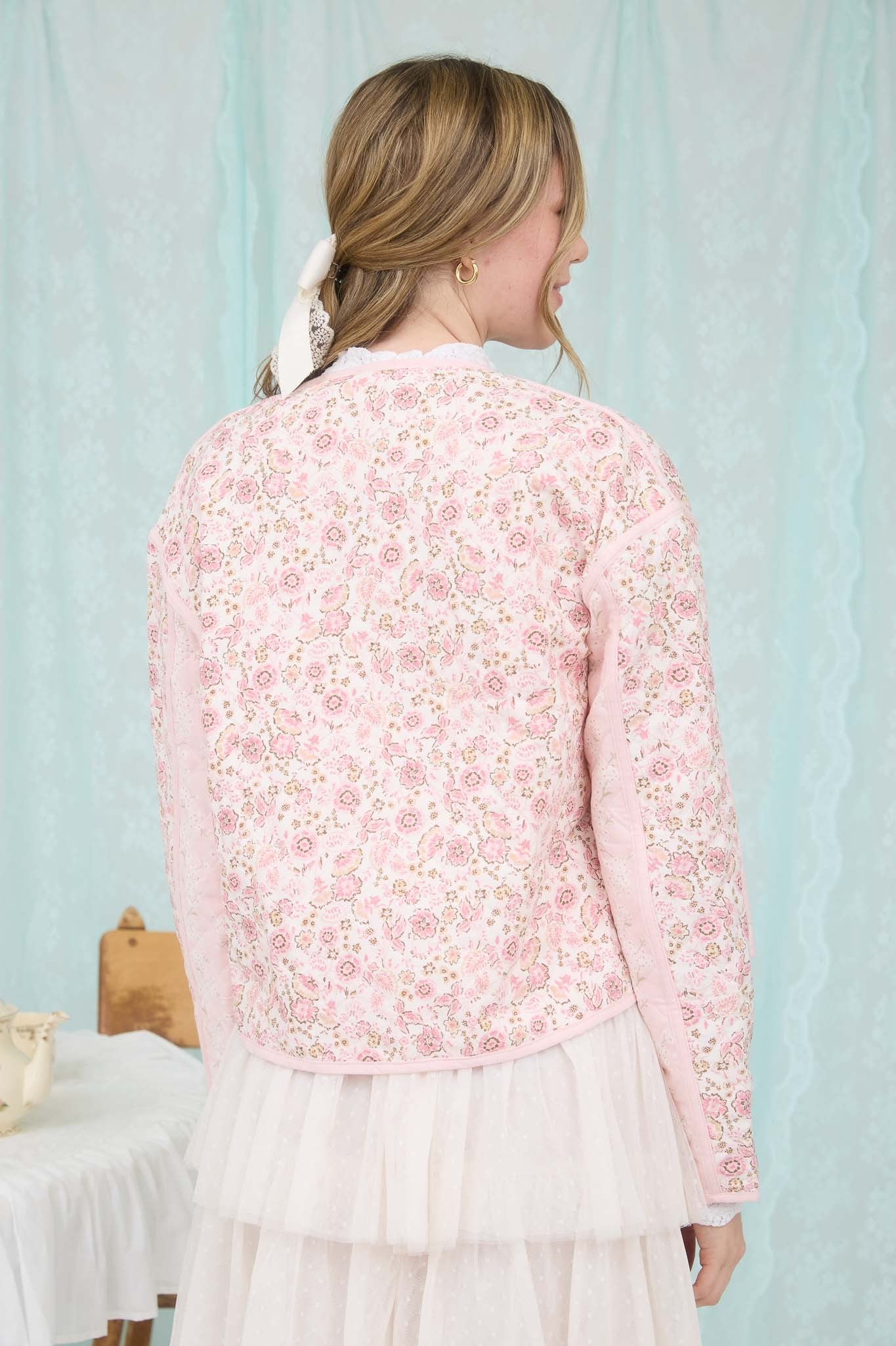 Colorblock Floral Zip-up Quilted Jacket