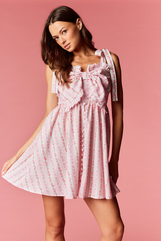 Pastel Floral Striped Bow Mini Dress