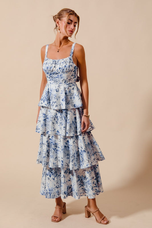 Floral Print Tiered Maxi Dress With Ribbon Tie