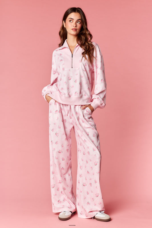 Floral Waffle Half-zip Lounge Set