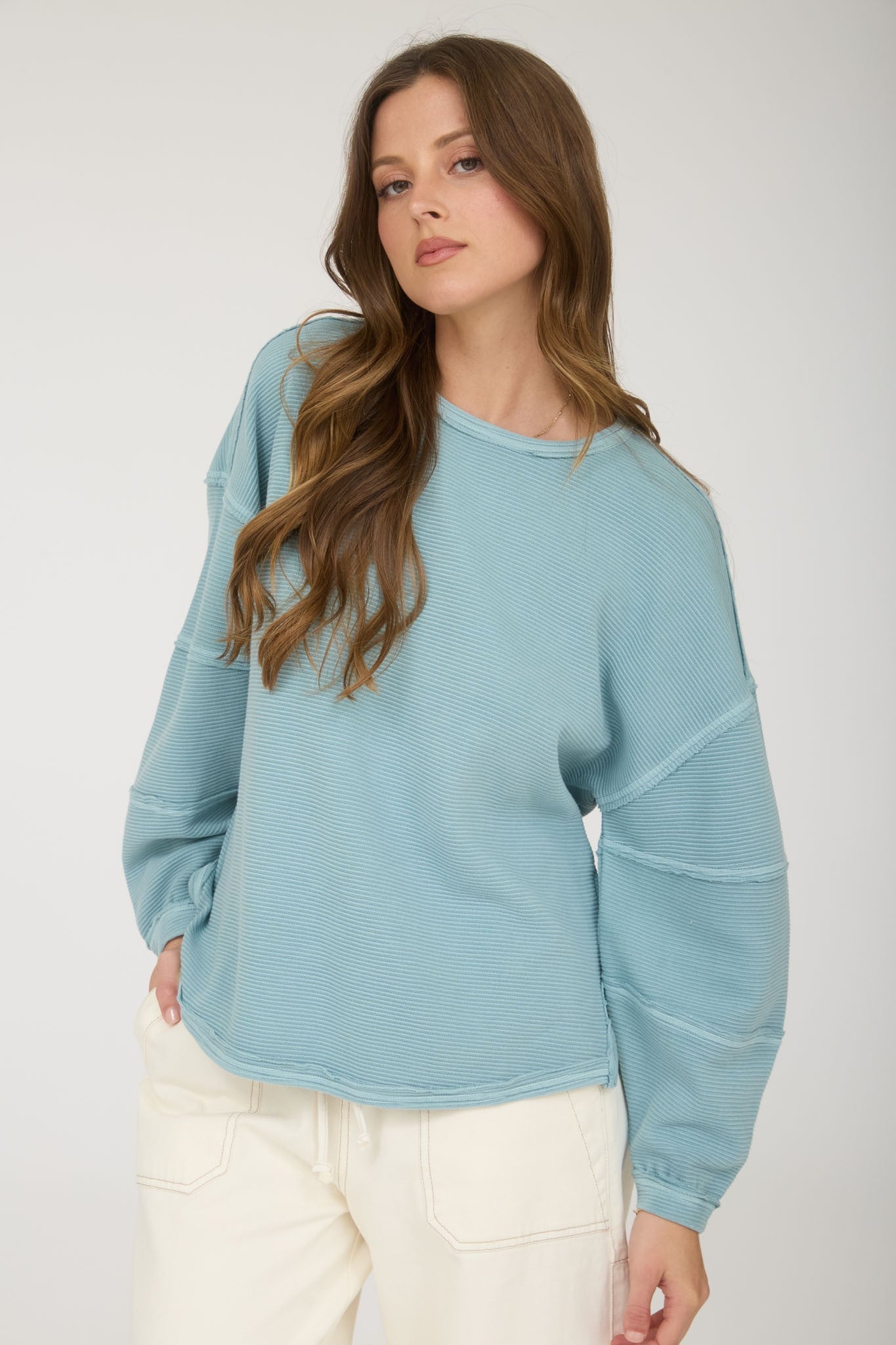 Exposed Seam Detail Long Sleeve Knit Top
