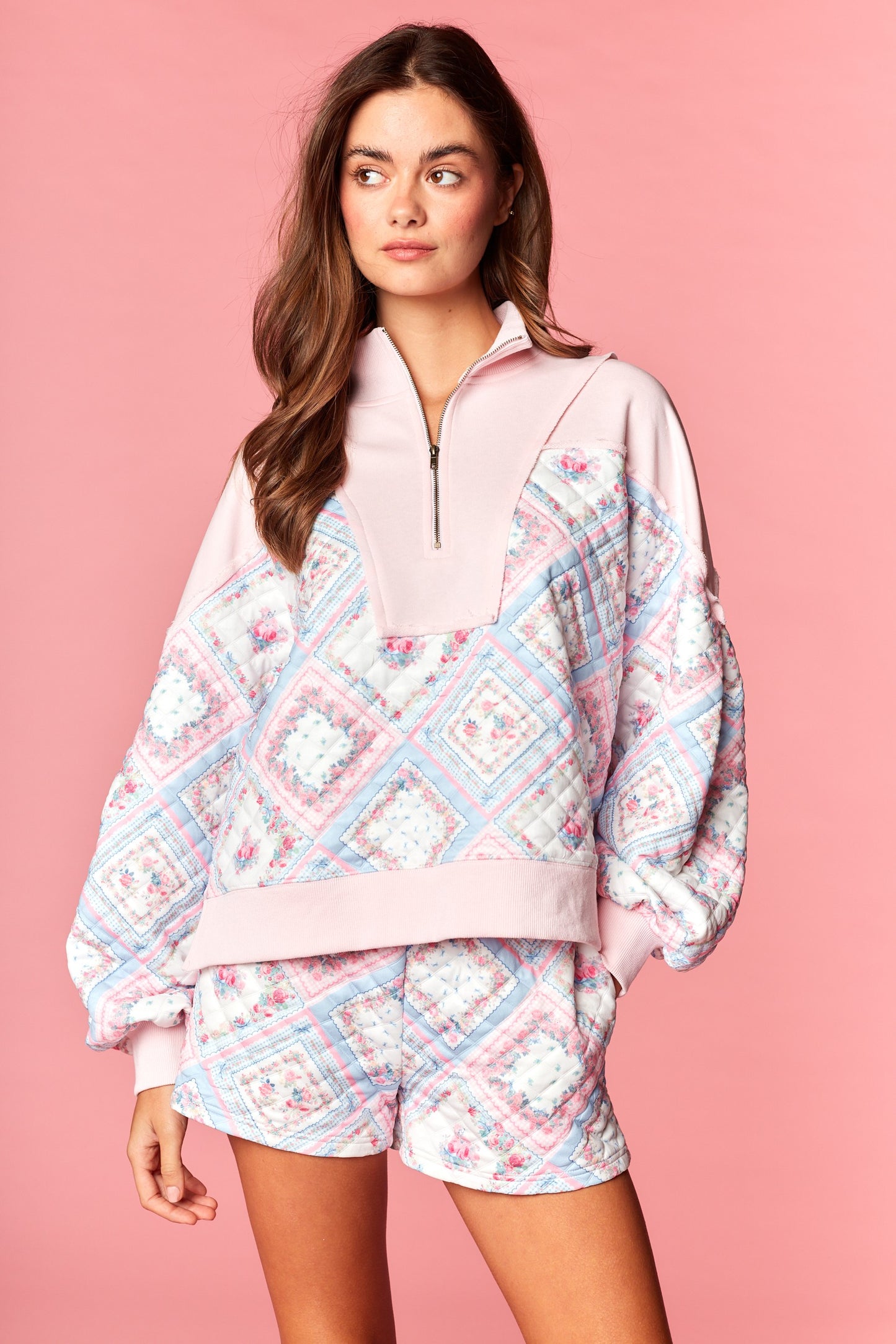 Pastel Patchwork Quilted Half-zip Top & Shorts Set