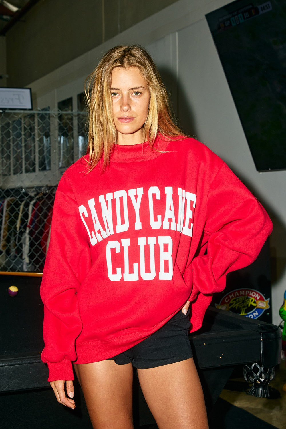 candy Cane Club' Puff-print Oversized Mock Neck Sweatshirt
