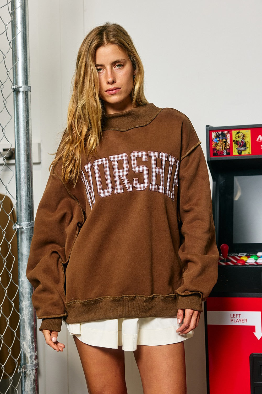 Gingham Embroidered "worship" Mock Neck Sweatshirt