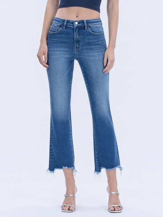 High Rise Distressed Hem Kick Flare Jeans