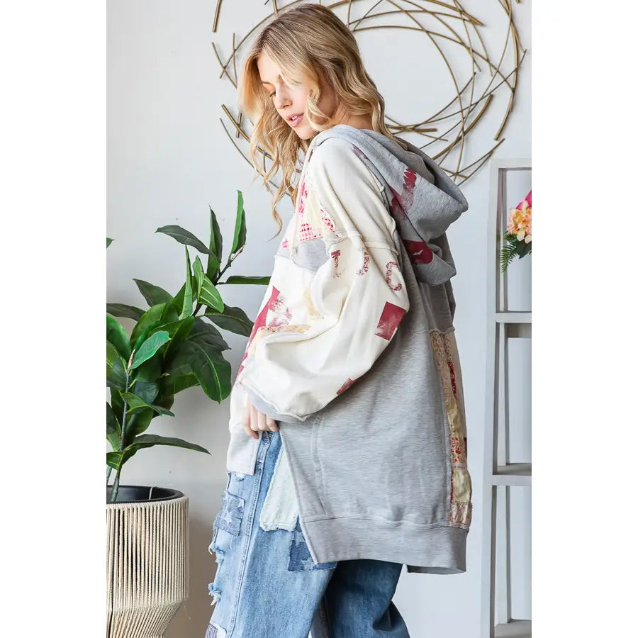 Washed Patchwork Letter Print Detail Hooded Top