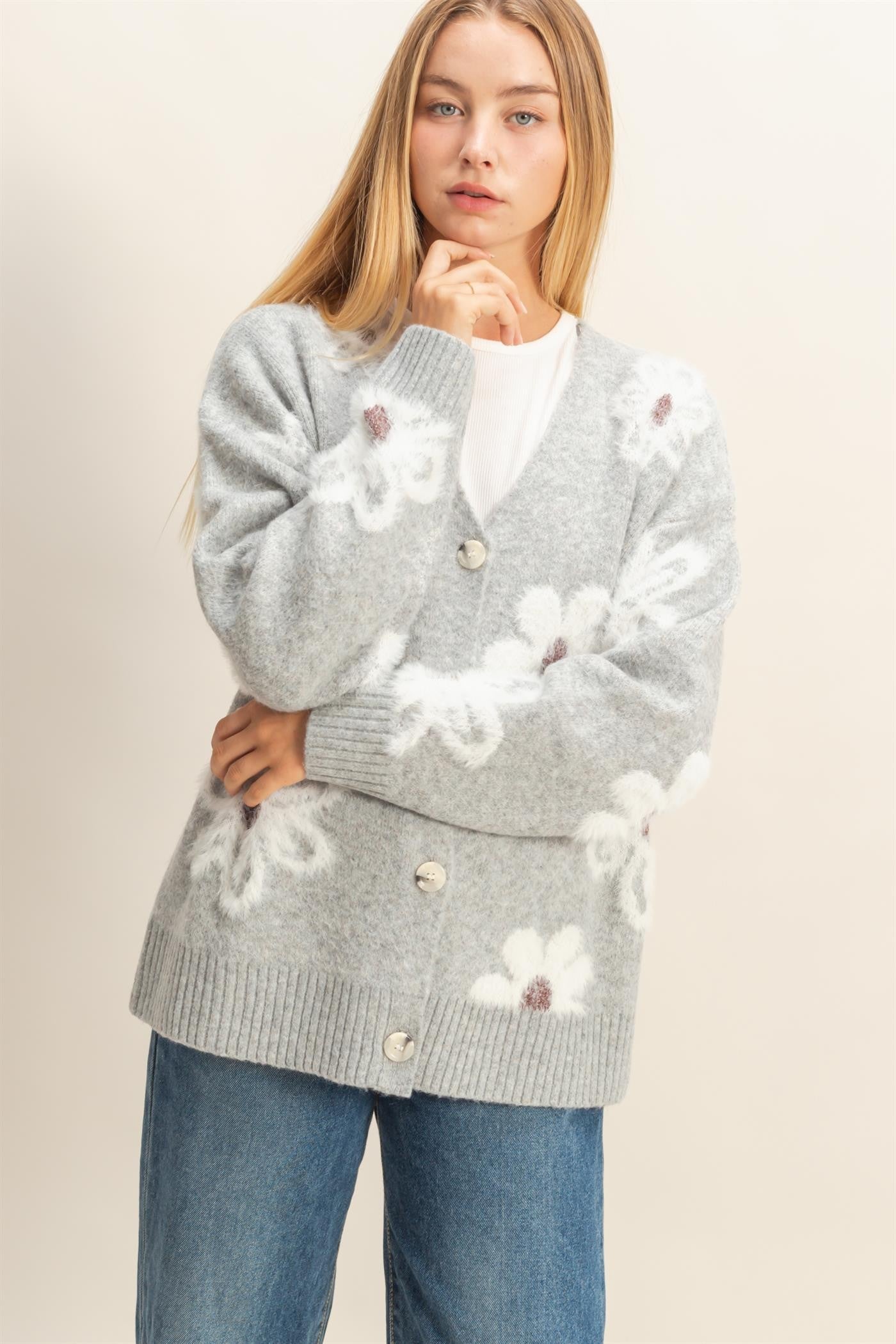 Floral Fuzzy Knit Cardigan