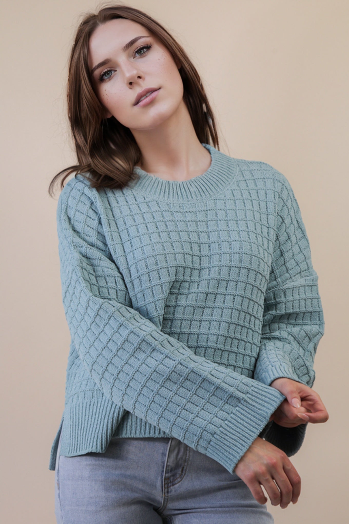 Oversized Textured Solid Casual Knit Sweater Top