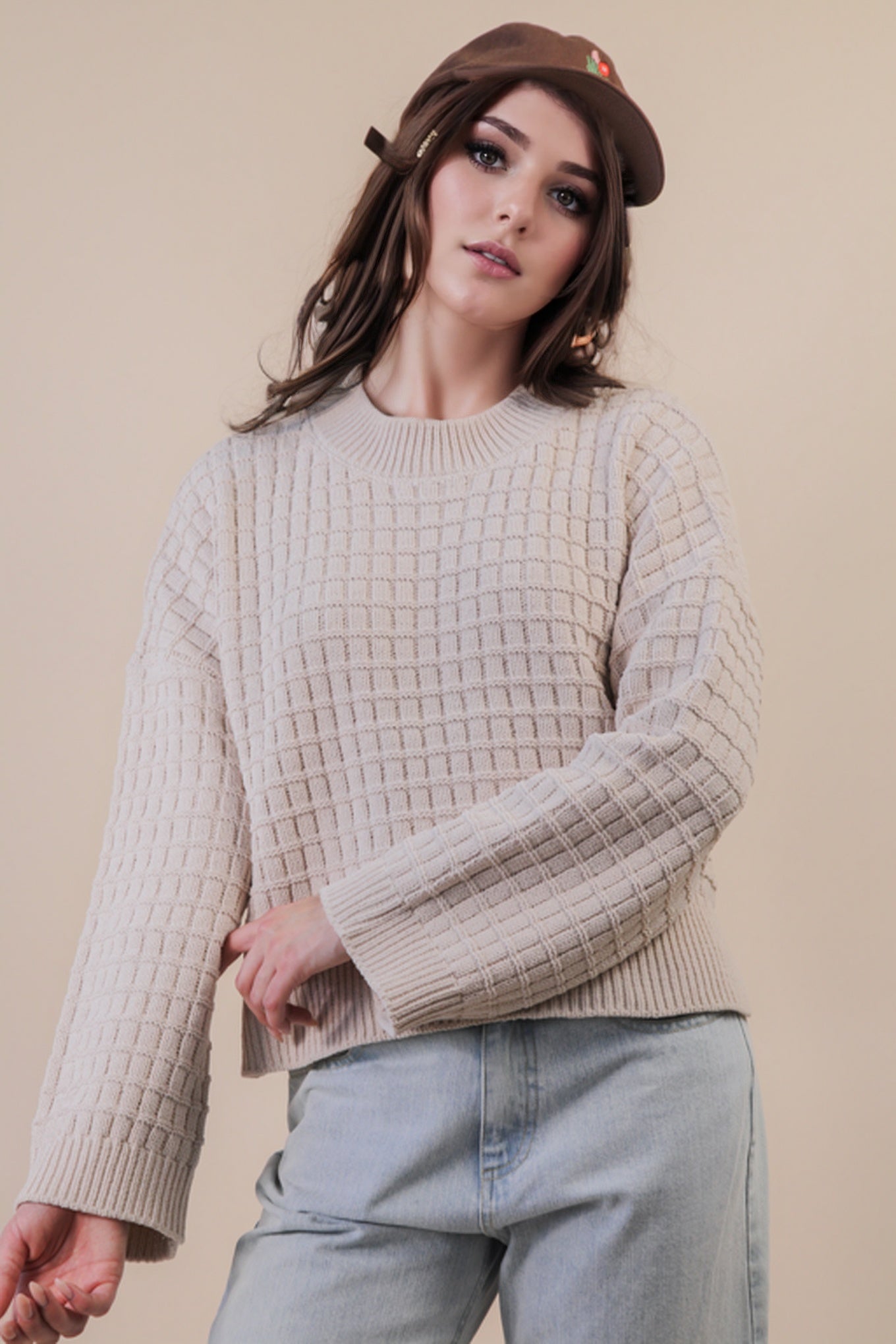 Oversized Textured Solid Casual Knit Sweater Top