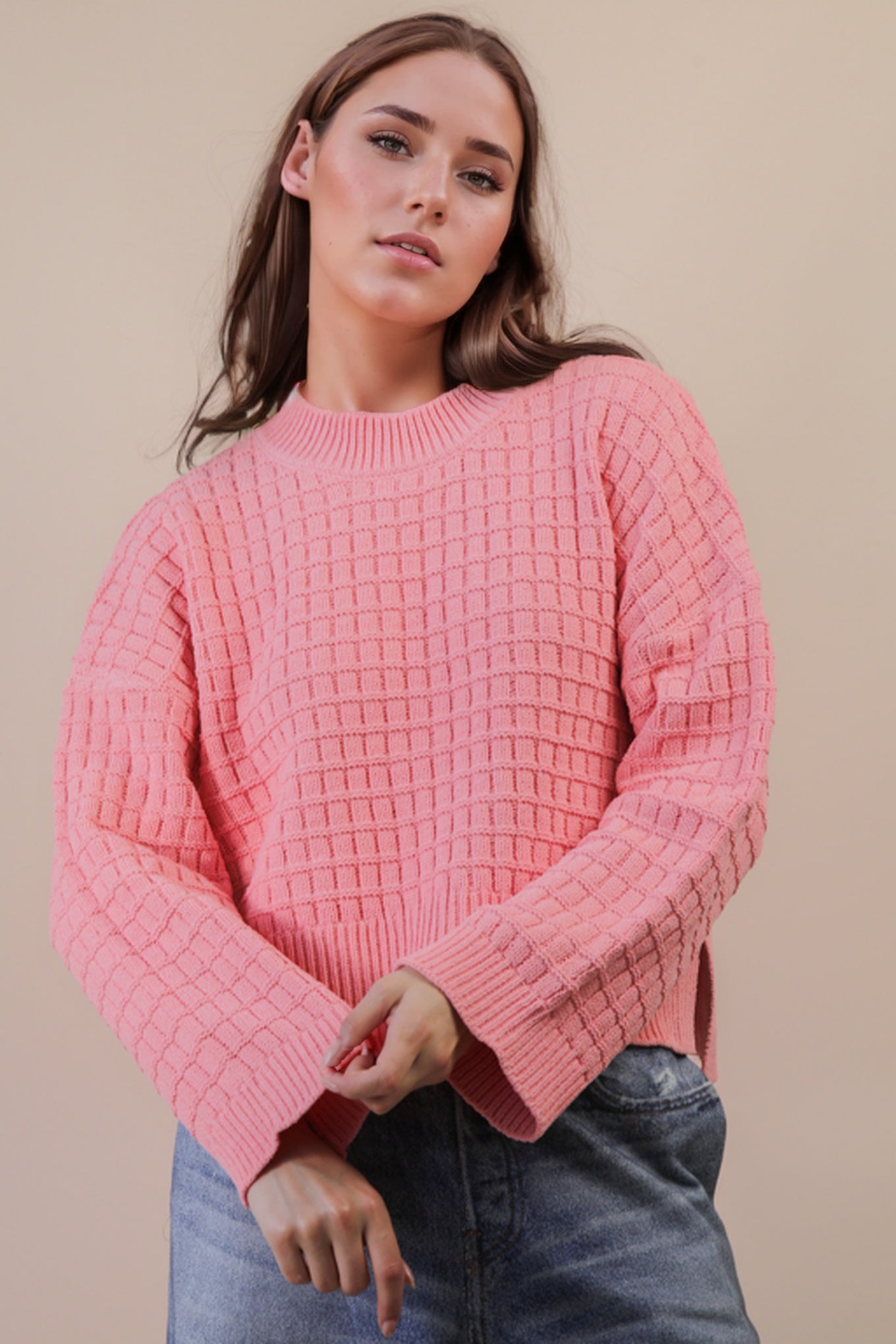 Oversized Textured Solid Casual Knit Sweater Top