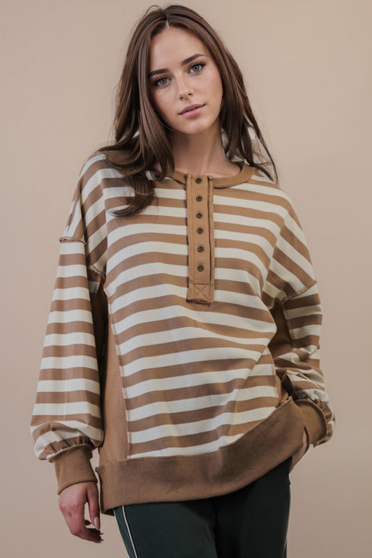 Oversized Striped Half Button Down Casual Knit Top