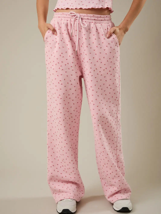 High Waist Cherry Print Wide Sweatpants