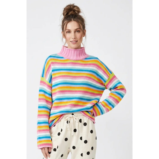 Mock Neck Multi Color Stripe Sweater
