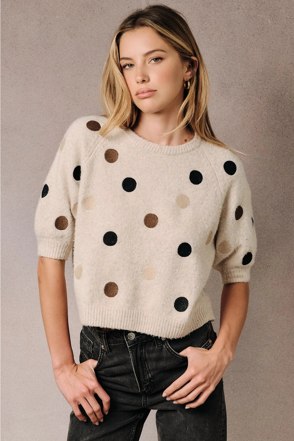 Polka Dot Raglan Short Sleeve Knit Sweater