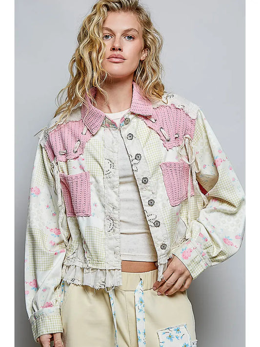 Printed Twill Ruffle Hem Lace-Up Cropped Jacket