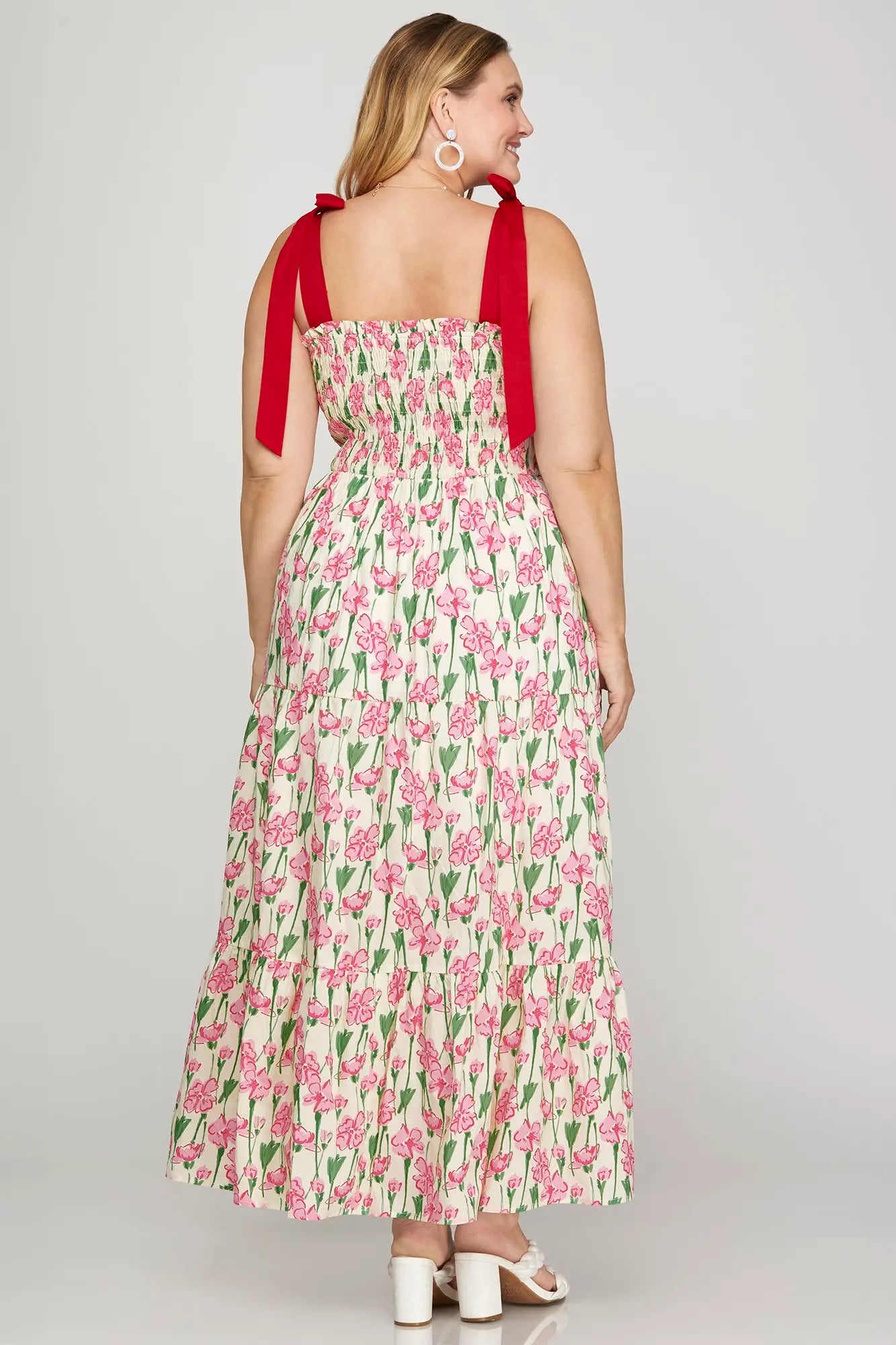 CURVY SMOCKED TUBE MAXI PRINTED WOVEN TIERED DRESS