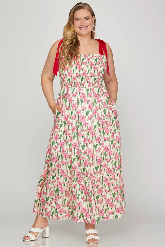 CURVY SMOCKED TUBE MAXI PRINTED WOVEN TIERED DRESS