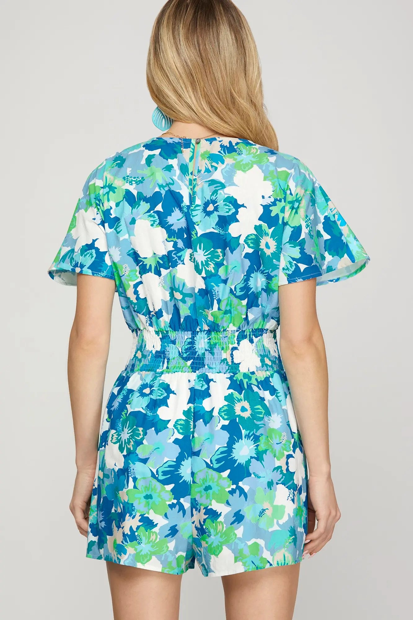 DROP SHOULDER SHORT SLEEVE WOVEN PRINTED ROMPER