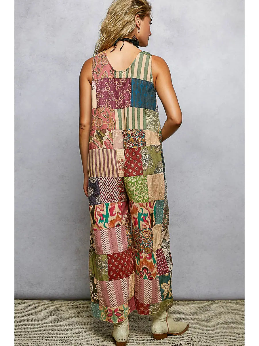 V-Neck Sleeveless Varied Patchwork Dual Patch Pocket Overall