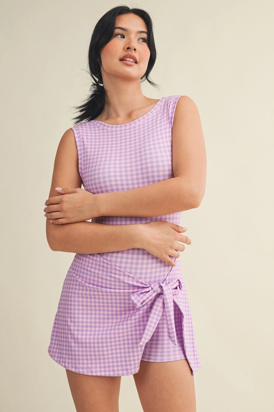 Gingham Print Sleeveless Wrap Tie Front Dress