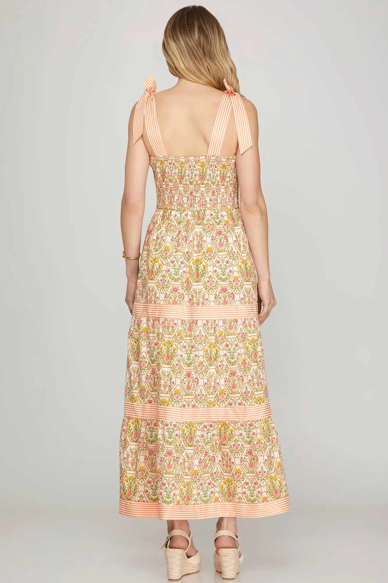 SLEEVELESS CONTRAST WOVEN PRINT TIERED MAXI DRESS