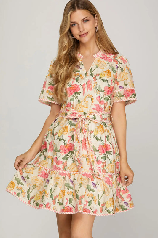 SHORT SLEEVE WOVEN PRINT V NECK CONTRAST DETAILED MINI DRESS