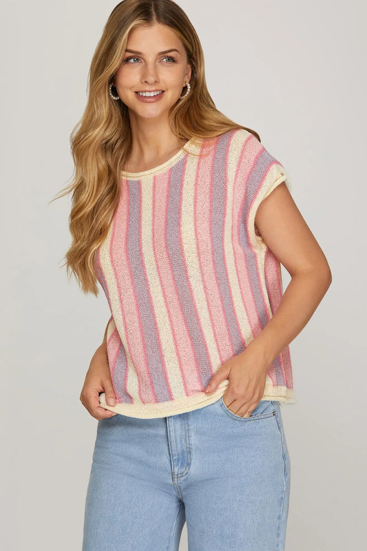 DROP SHOULDER SHORT SLEEVE STRIPED KNIT SWEATER