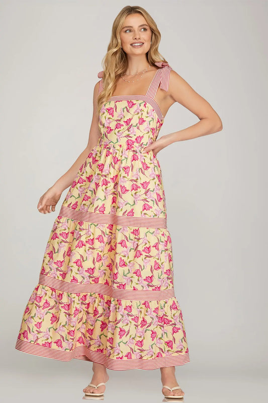 SLEEVELESS TIED SHOULDER STRAP WOVEN PRINT TIERED MAXI DRESS