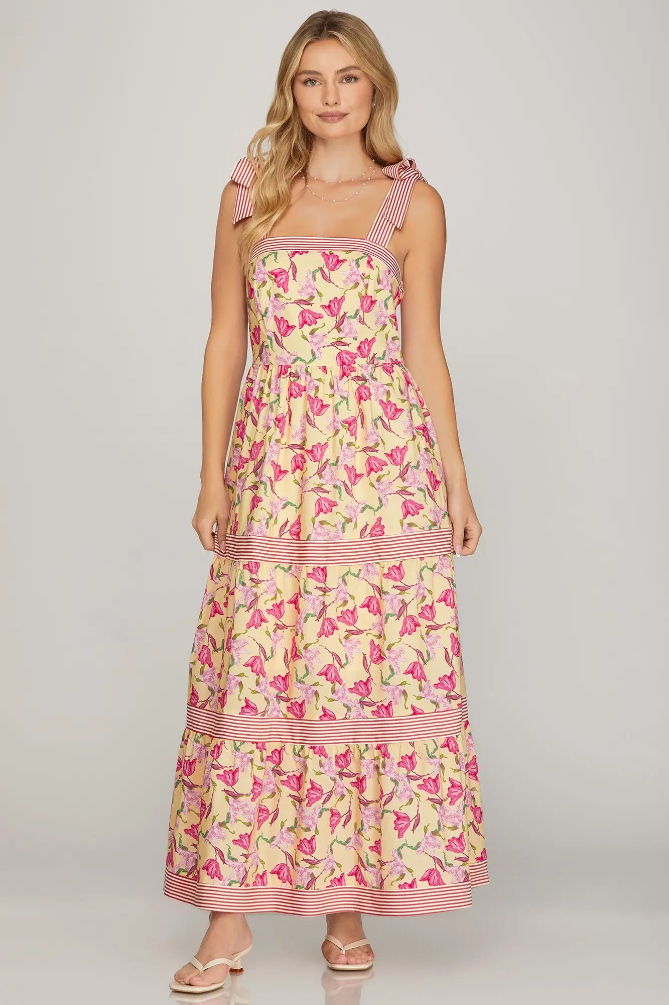 SLEEVELESS TIED SHOULDER STRAP WOVEN PRINT TIERED MAXI DRESS