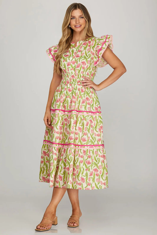 RUFFLE SLEEVE WOVEN FLORAL PRINT TIERED MIDI DRESS