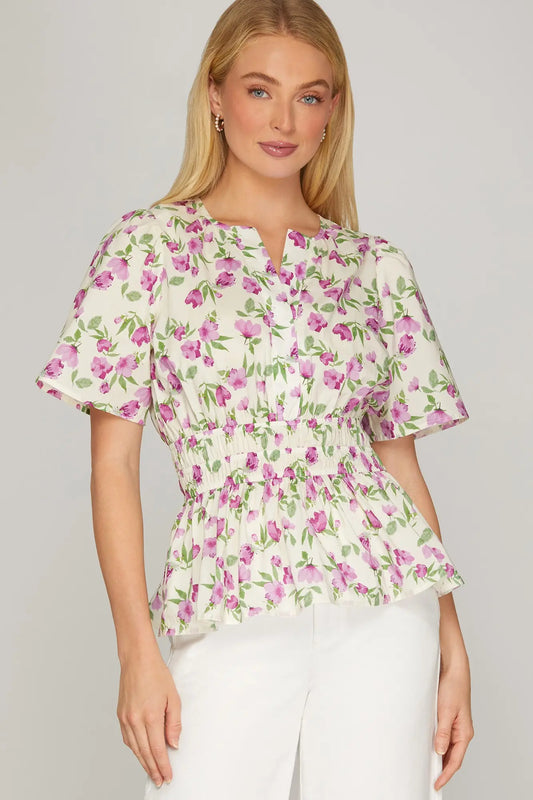 SHORT SLEEVE WOVEN PRINT TOP