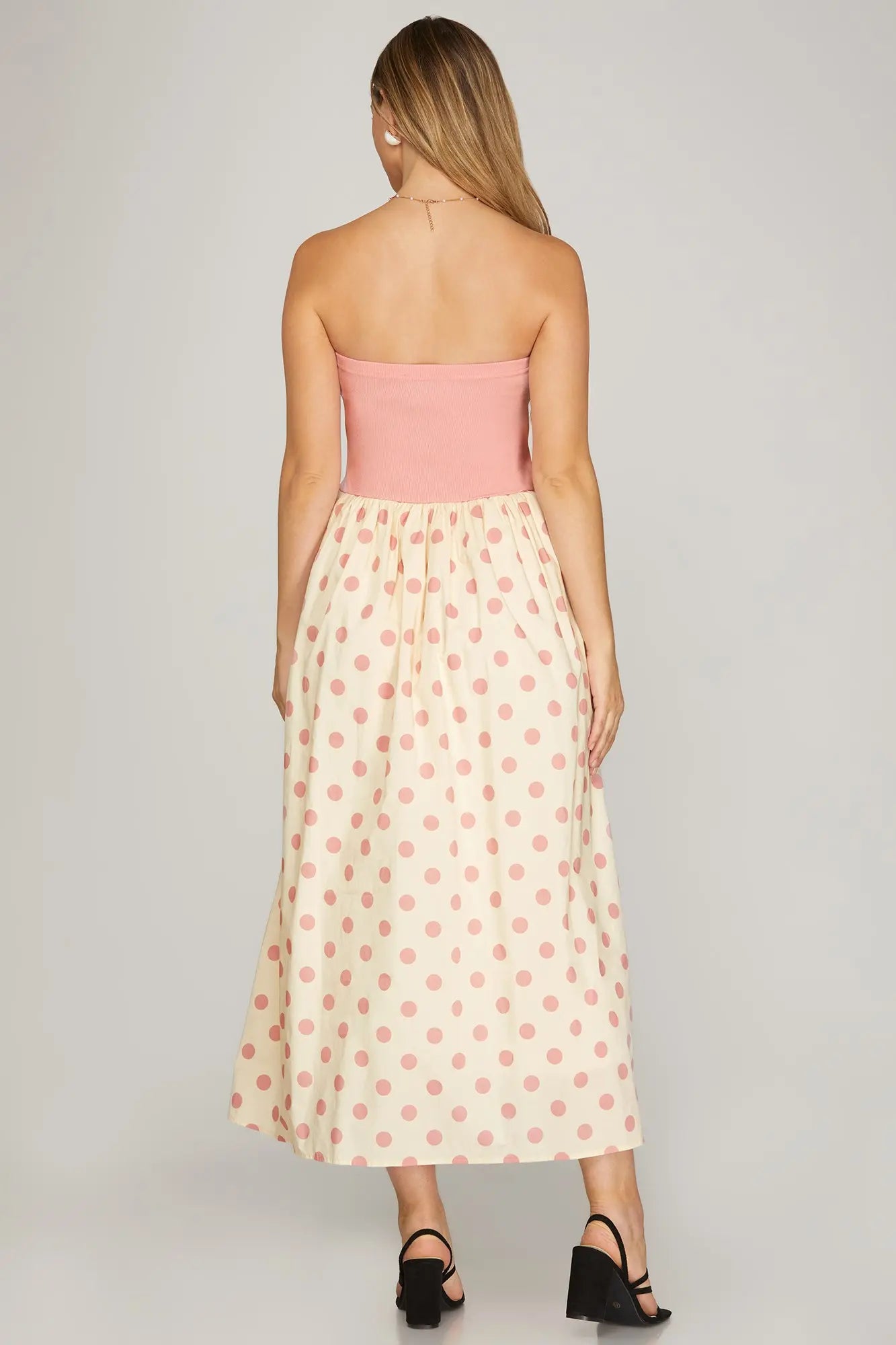 STRAPLESS KNIT AND WOVEN COMBO POLKA DOT PRINT TUBE MIDI DRESS