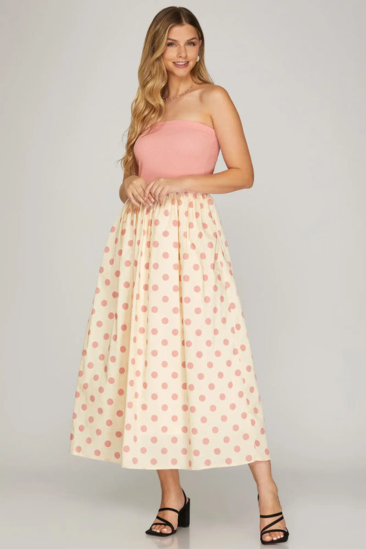 STRAPLESS KNIT AND WOVEN COMBO POLKA DOT PRINT TUBE MIDI DRESS