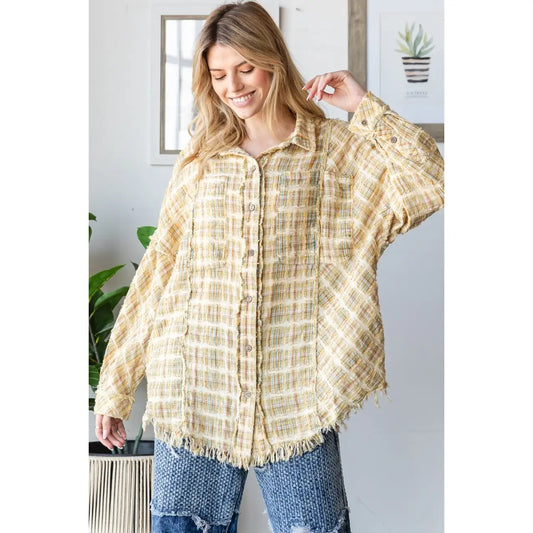 Washed Plaid Mixed Button Down Shirt Top
