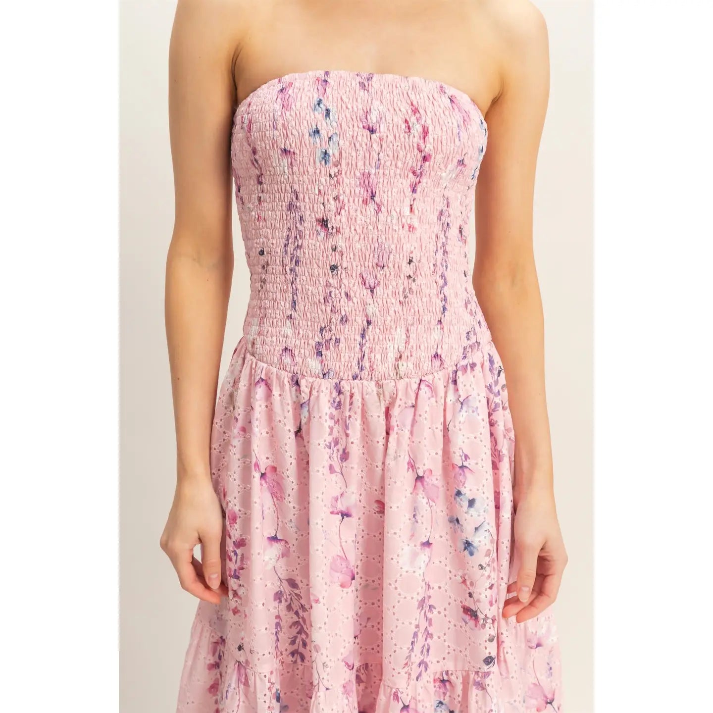 Strapless Smocked Floral Dress