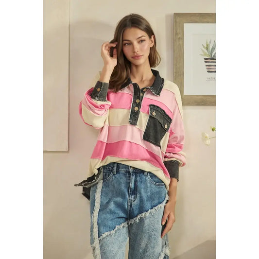 Washed Color Block Striped Henley Top