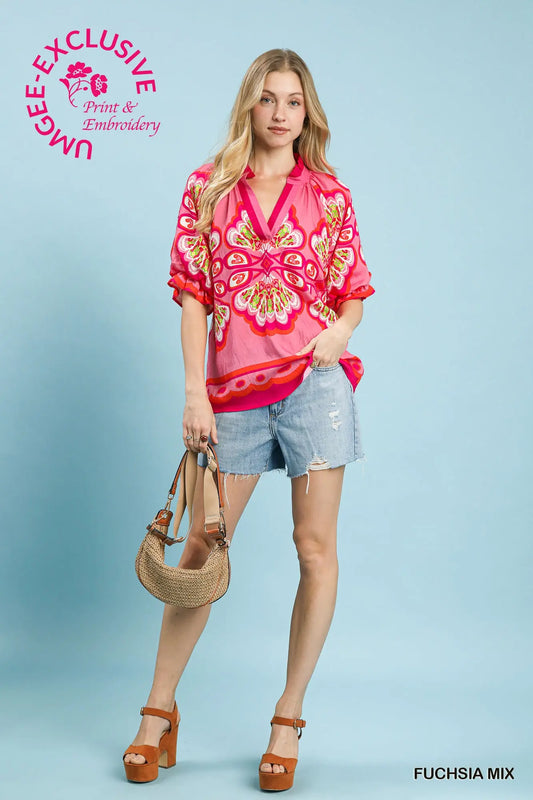 Mix Boho Print V-Neck Top