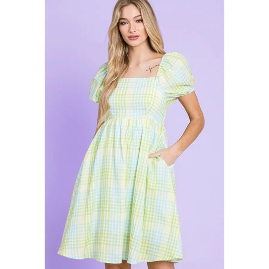 Multicolor Gingham Puff Sleeve Square Neck Dress