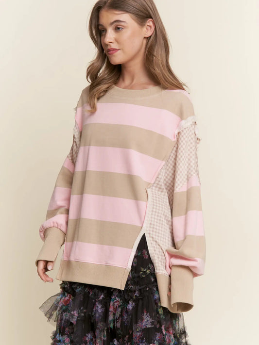 Gingham & Striped Knit Sweater Top