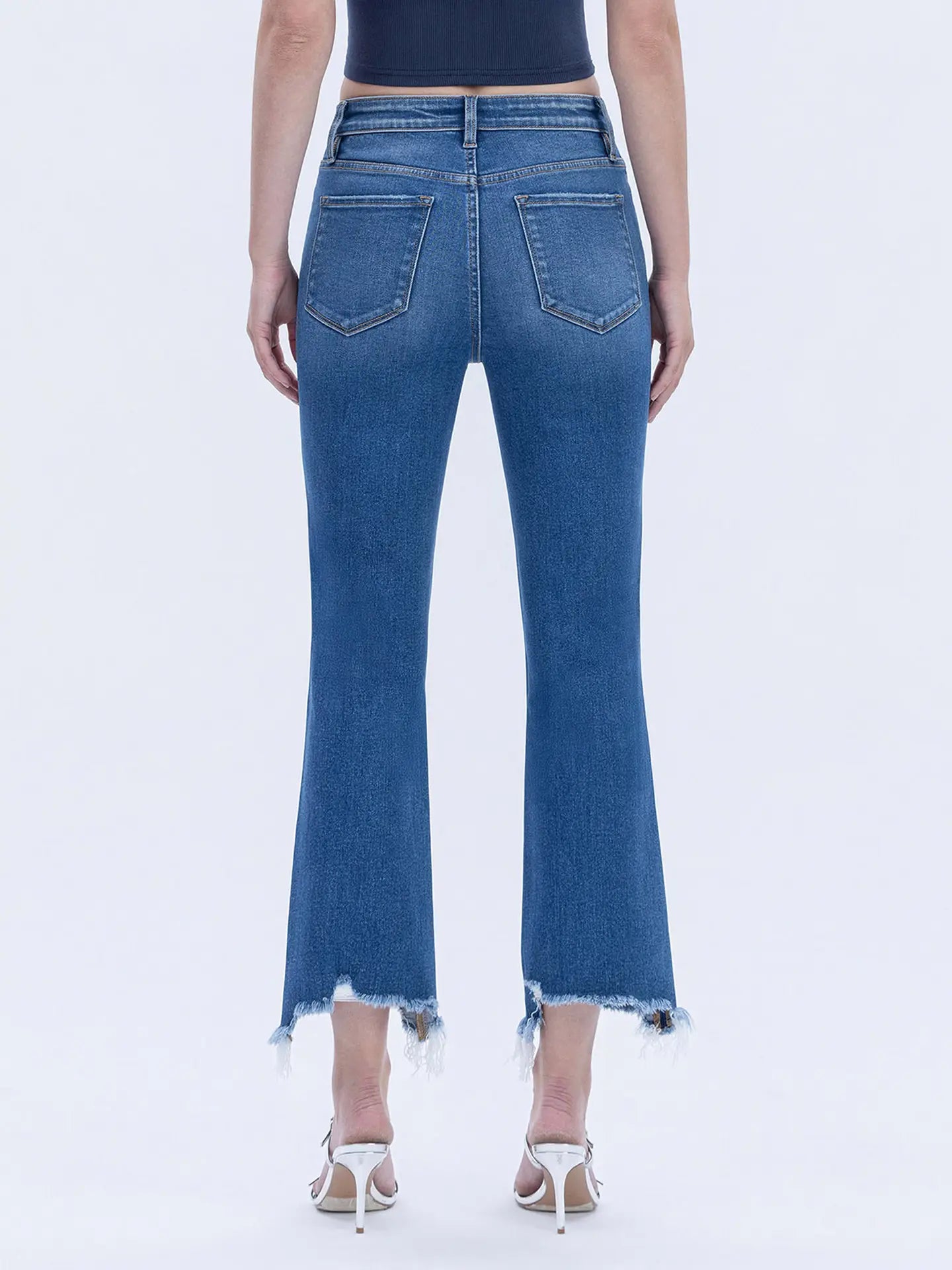 High Rise Distressed Hem Kick Flare Jeans