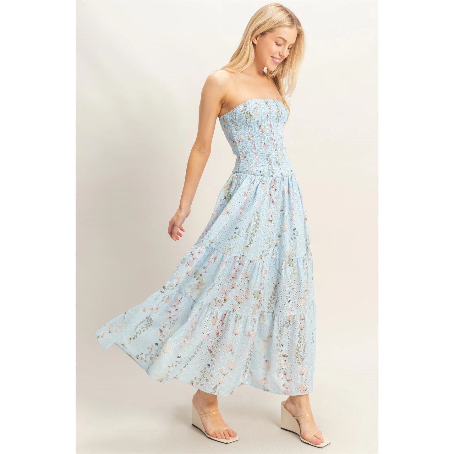 Strapless Smocked Floral Dress