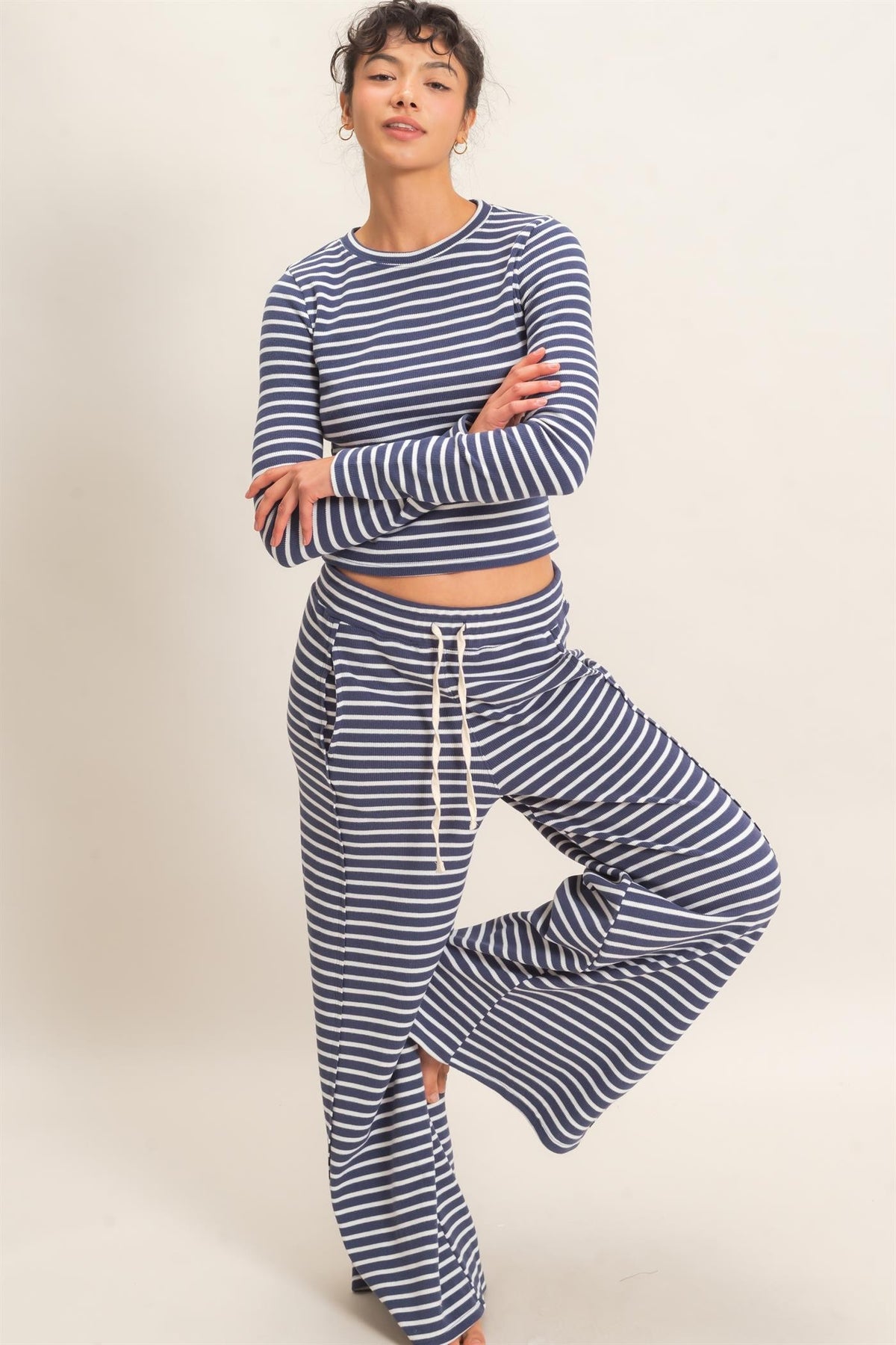 Striped Waffle Long Sleeve Top & Pants Set